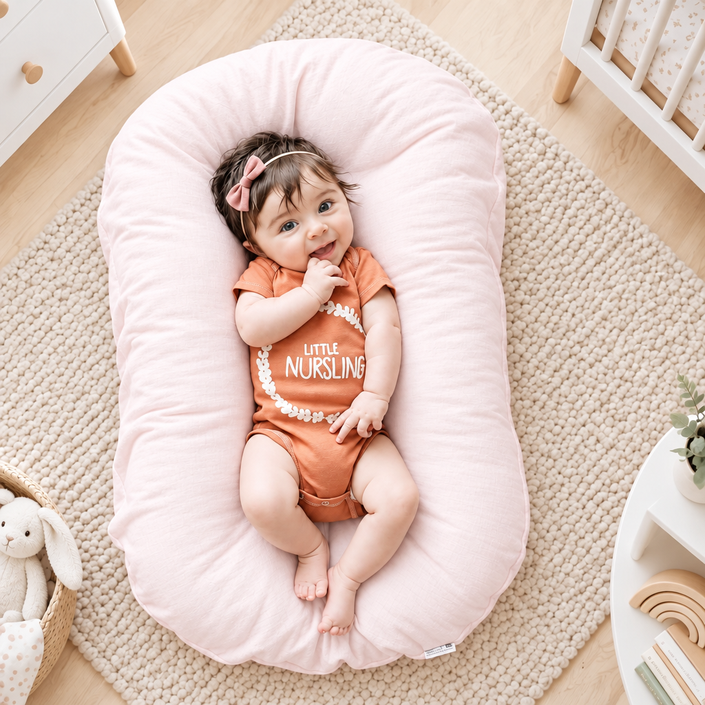 Smiling baby in an orange bodysuit and bow headband lies on a pink support pillow in a nursery 1