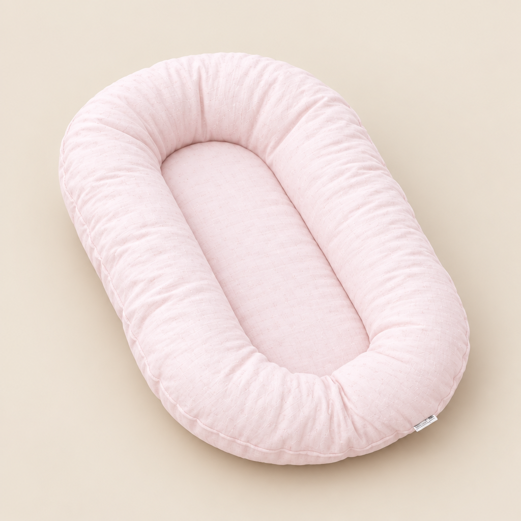 Empty light pink oval support pillow with a textured fabric surface and a small tag on the side 10