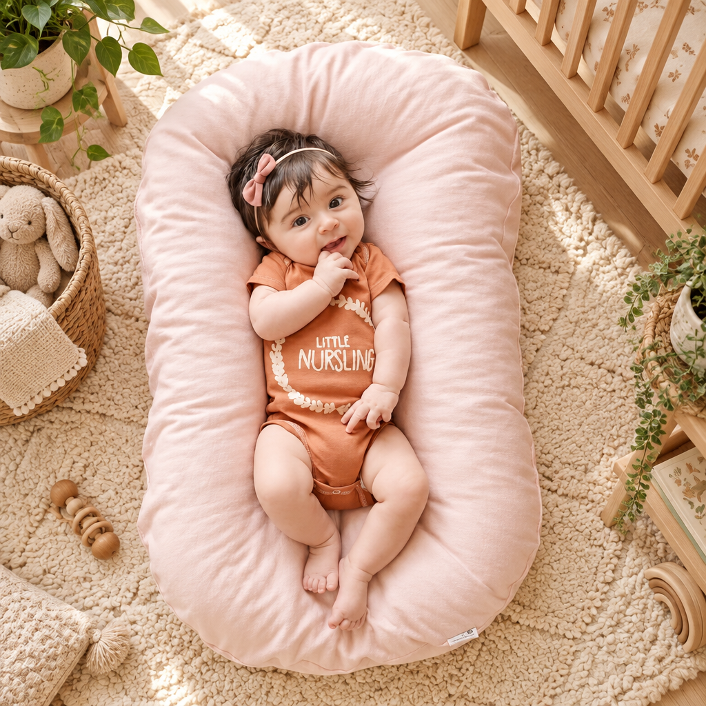 Smiling baby with a pink bow headband lies on a pale pink lounger in a nursery 1