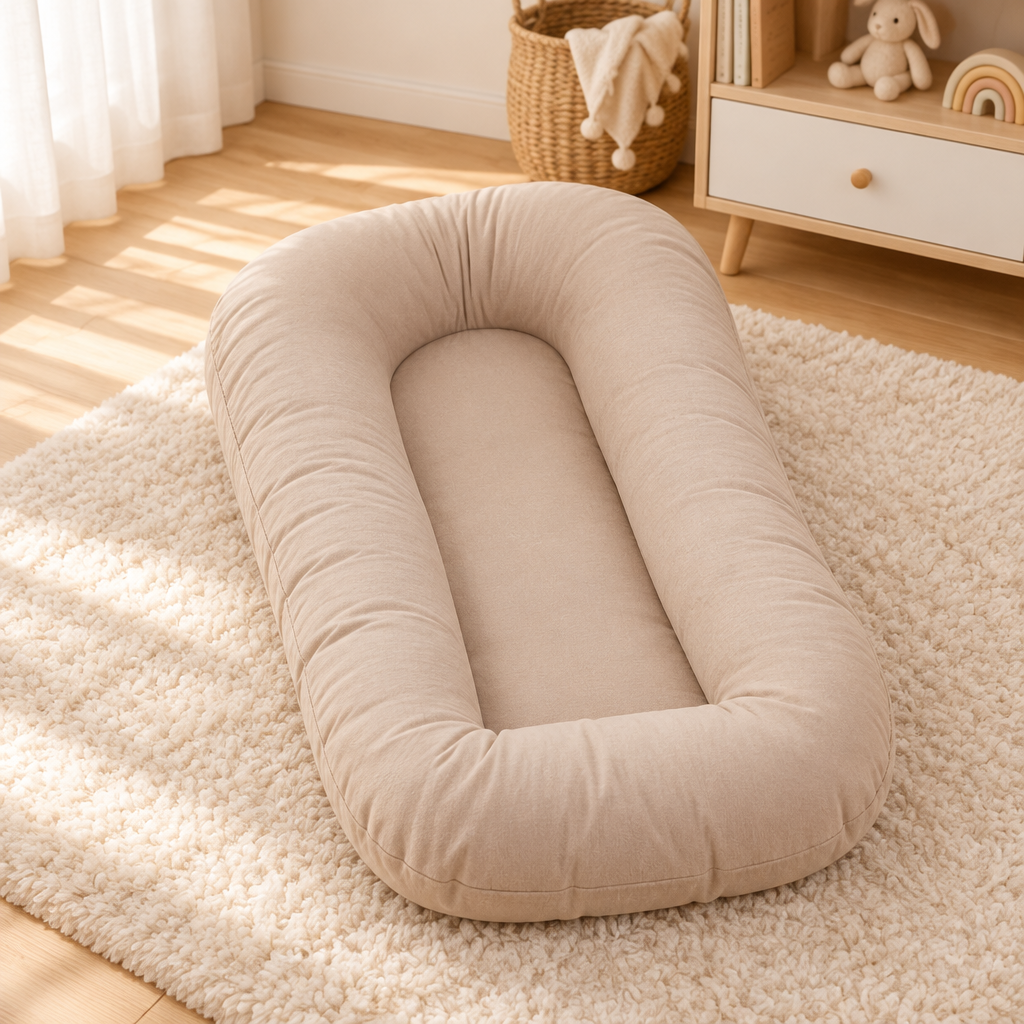 Empty beige cushion with a raised rim on a fluffy rug, with a basket and shelf behind 10