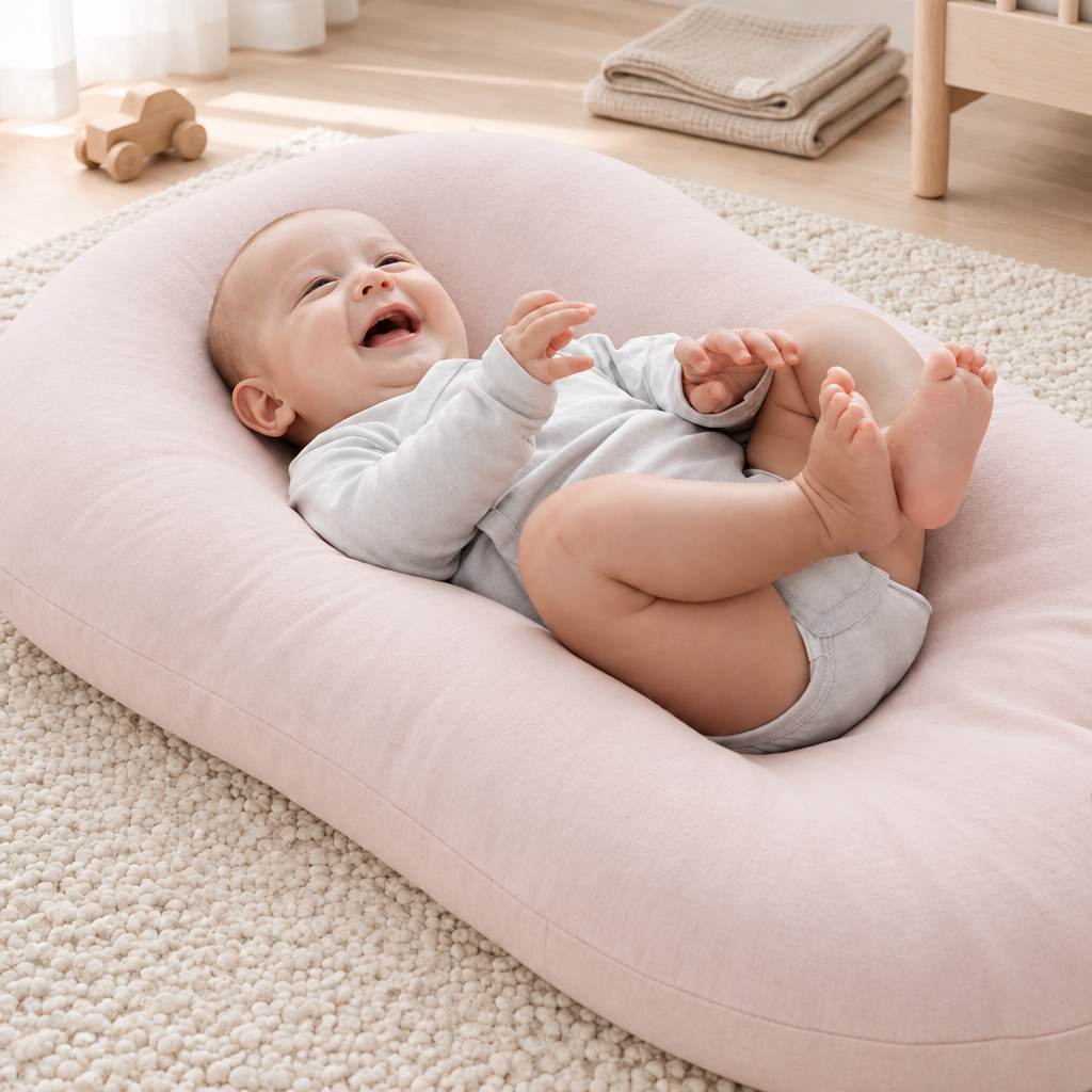 Laughing baby in a gray bodysuit lies on a pale pink cushion on a nursery rug 1