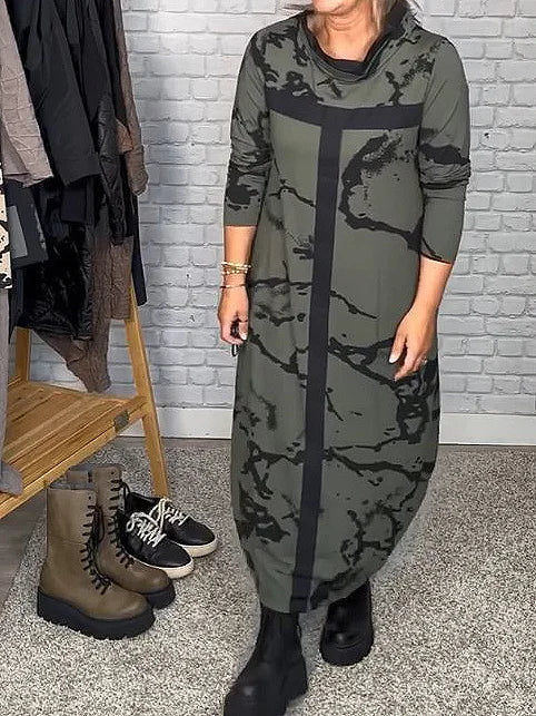 Dress with Long Sleeves and Retro Pattern – Livienne-Green-S-The Livary