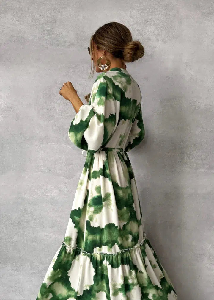 Drizella - Green maxi dress with long sleeves and pointed neckline-S-Nora Luxe