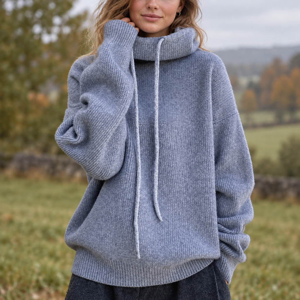 Model in a gray-blue cowl-neck sweater with drawstrings, standing outdoors in an autumn field, hand at collar 1