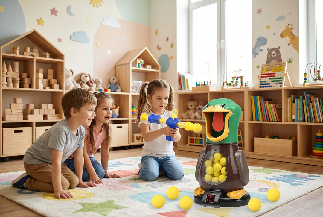 Three children kneel on a playroom rug as a girl aims a foam-ball popper at the duck target 1