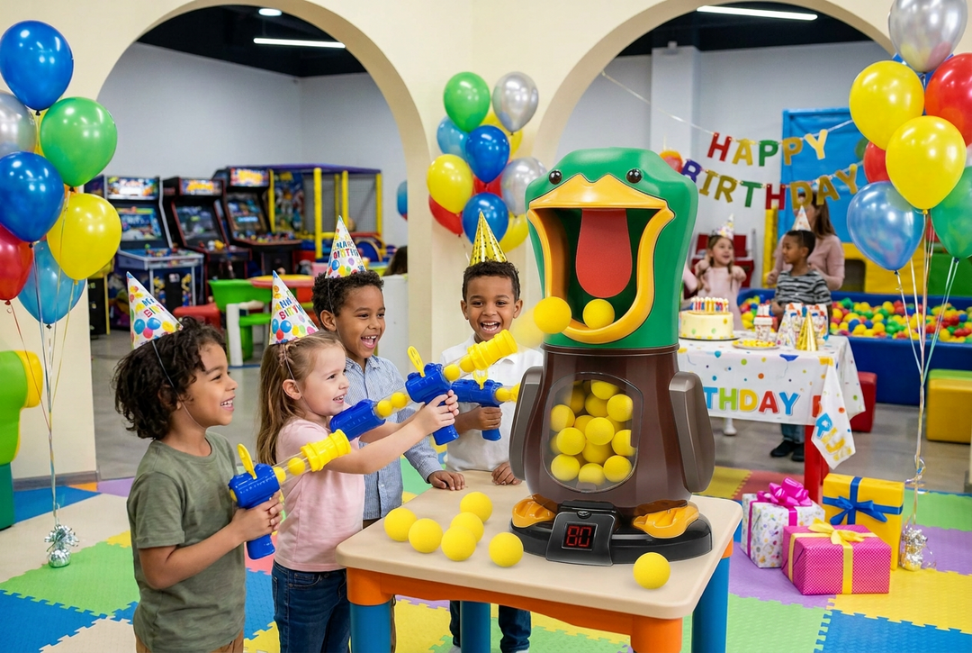 Children in party hats aim blue foam launchers at the duck target at a birthday party 1