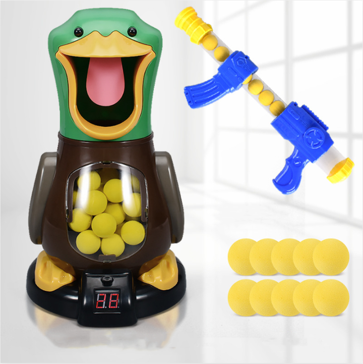 Duck target with one launcher and ten loose foam balls laid out on a white background 5