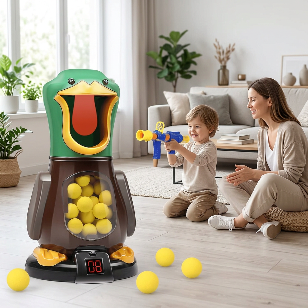 Smiling boy aims the blue foam-ball blaster at the green duck target while his mother watches in a bright living room 1