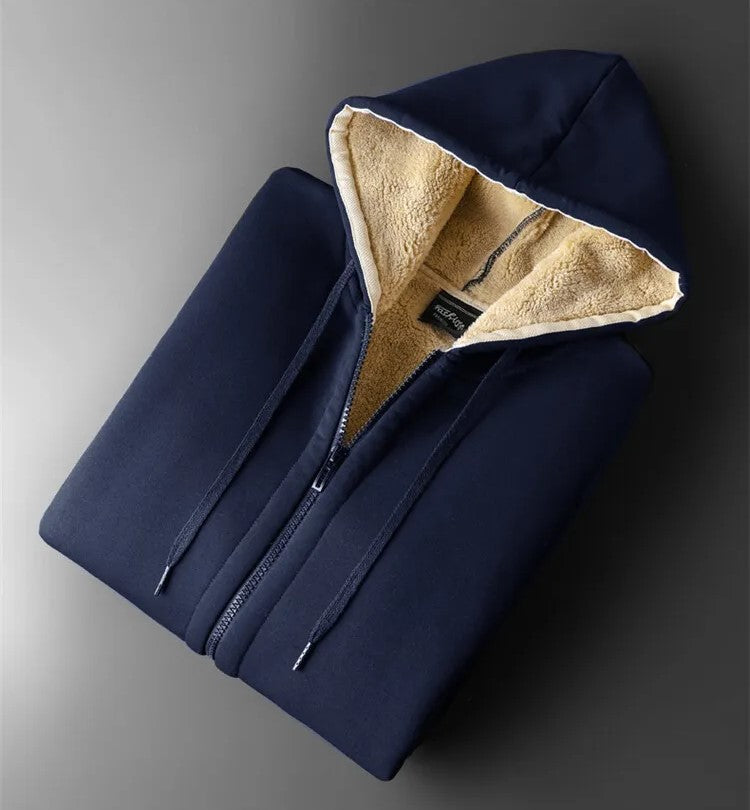 Dunkelblauer Hoodie mit Reißverschluss, Fleece-Innenfutter, Kapuze, Herrenmode, Winterkleidung.