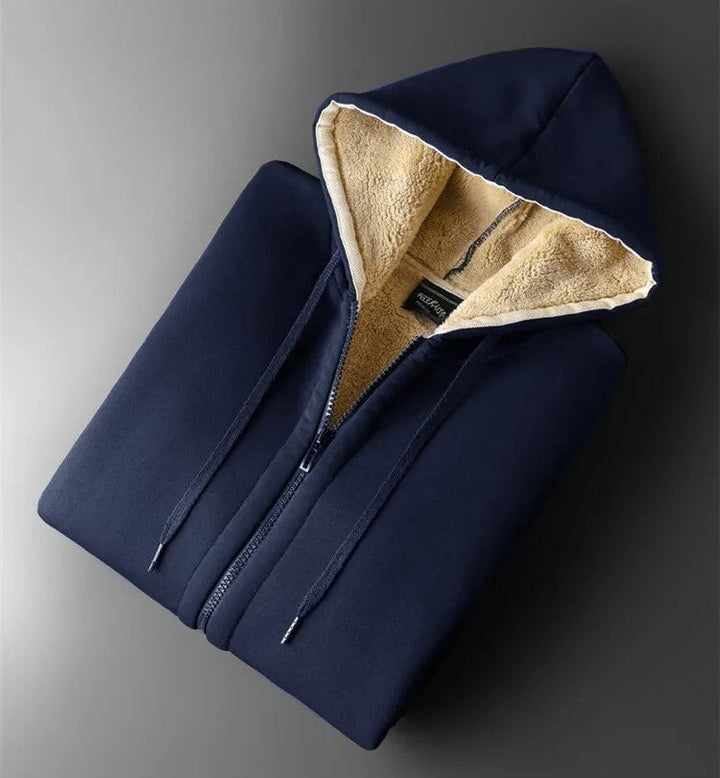 Dunkelblauer Hoodie mit Reißverschluss, Fleece-Innenfutter, Kapuze, Herrenmode, Winterkleidung.