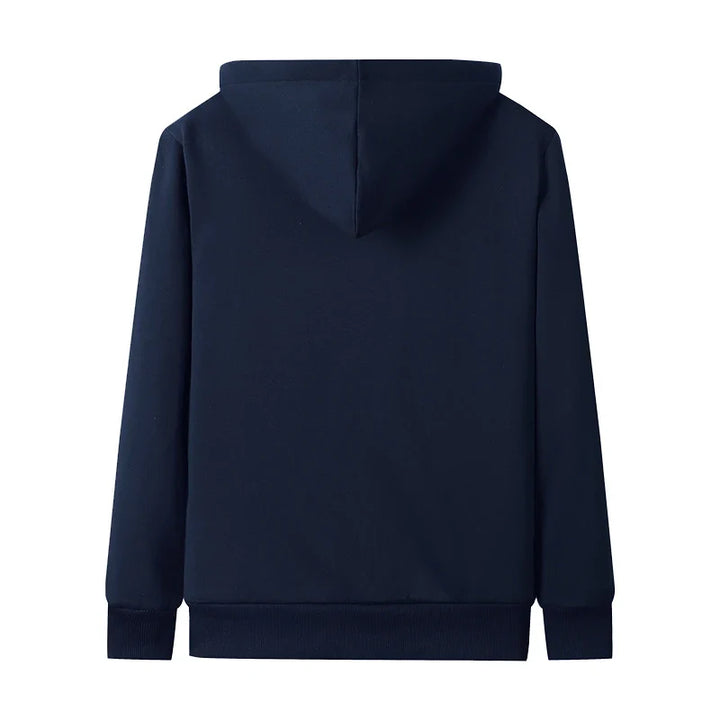 Dunkelblauer Kapuzenpullover, Unisex, Baumwolle, Rückansicht, modisch, bequem, Freizeitkleidung.