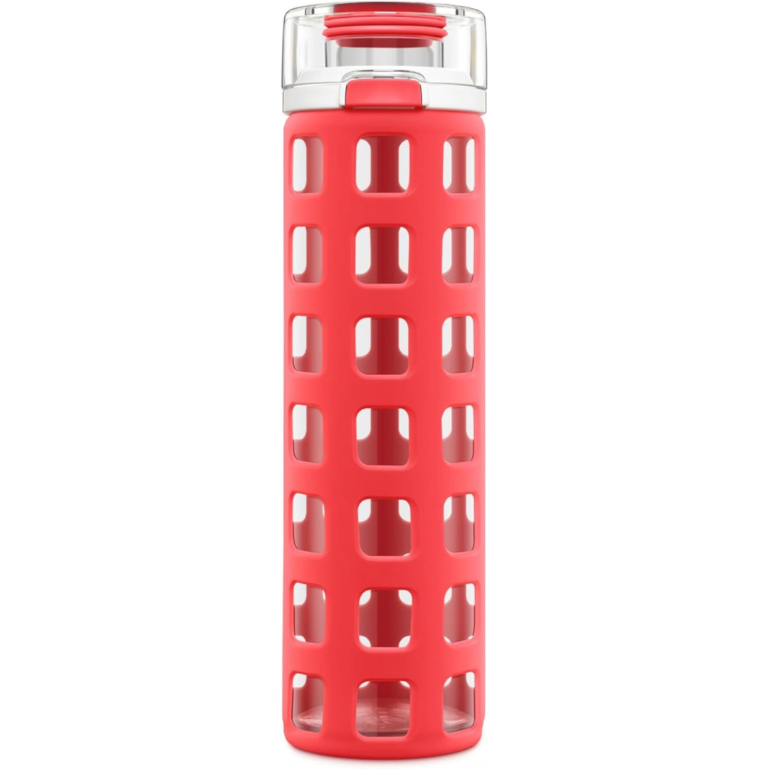 Durable Glass Water Bottle with One-Touch Flip Lid-Red-Nora Luxe