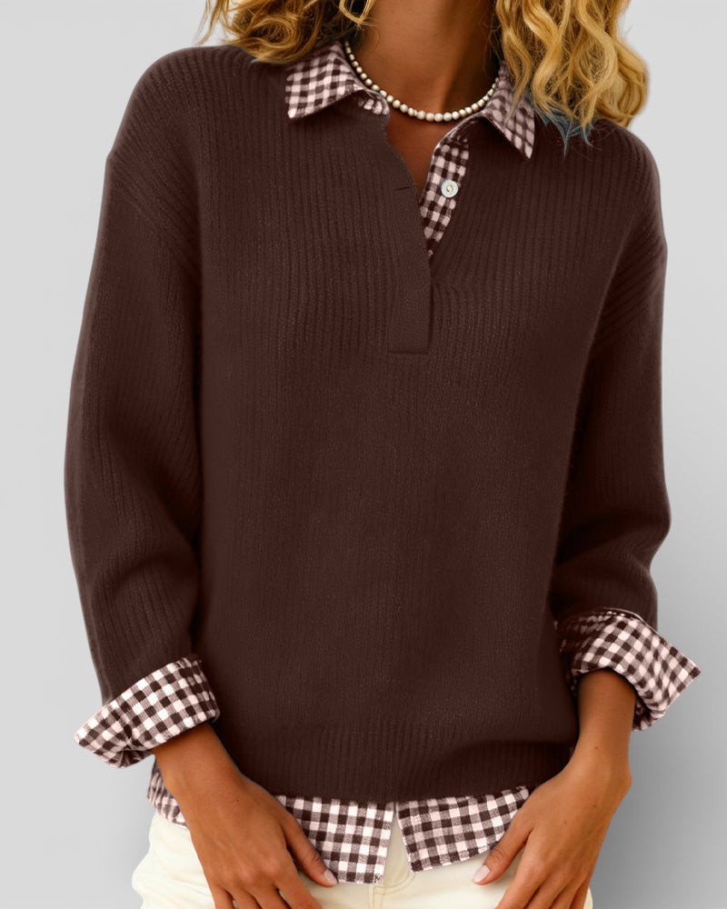 Brown ribbed knit sweater detail with gingham collar, rolled cuffs and pearl necklace visible.