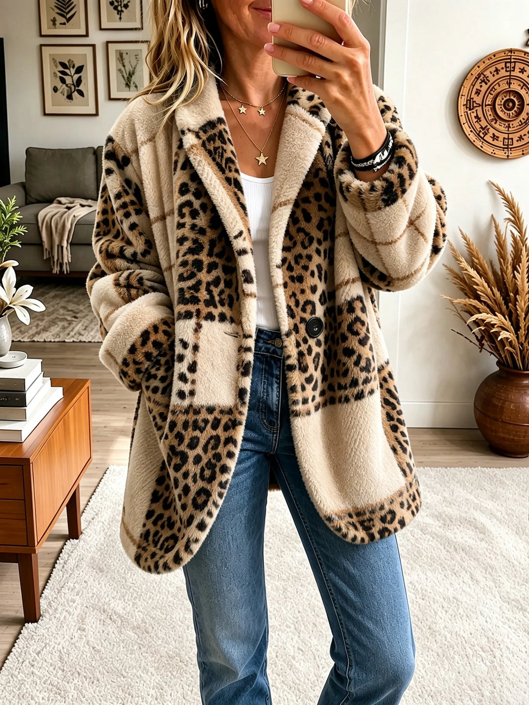 Woman wearing the plush coat in a cream colorway with leopard print and plaid panels, open over jeans.