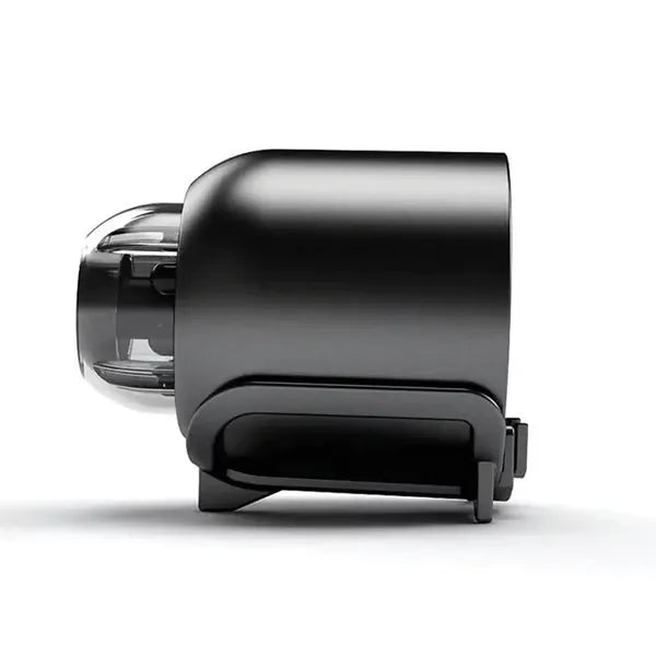 Mini HD Security Camera black side view on its stand with rounded body and clear lens dome
