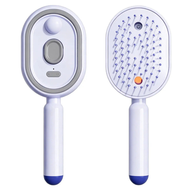 White comb with a dark blue handle tip shown front and back, with violet-tipped bristles, a mist outlet and an orange light. 17