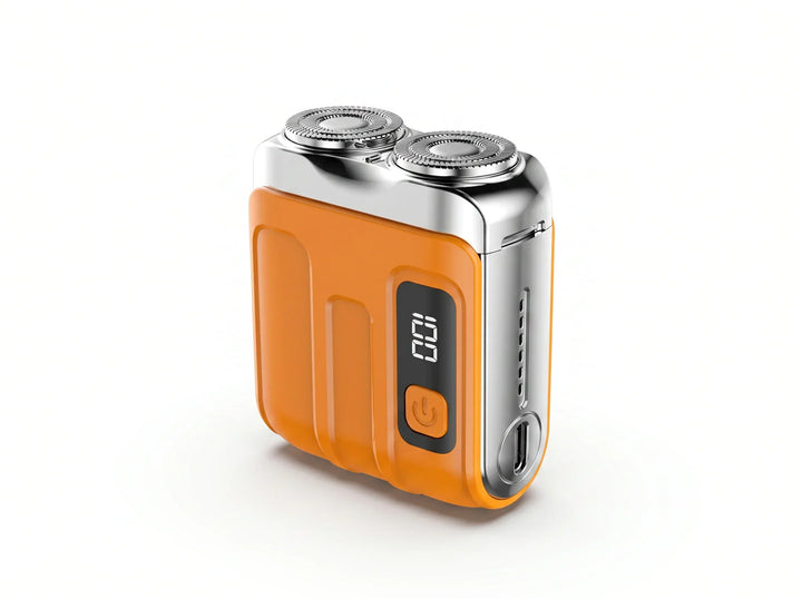 Orange compact twin-head shaver with chrome top, digital display and USB-C port from another view.