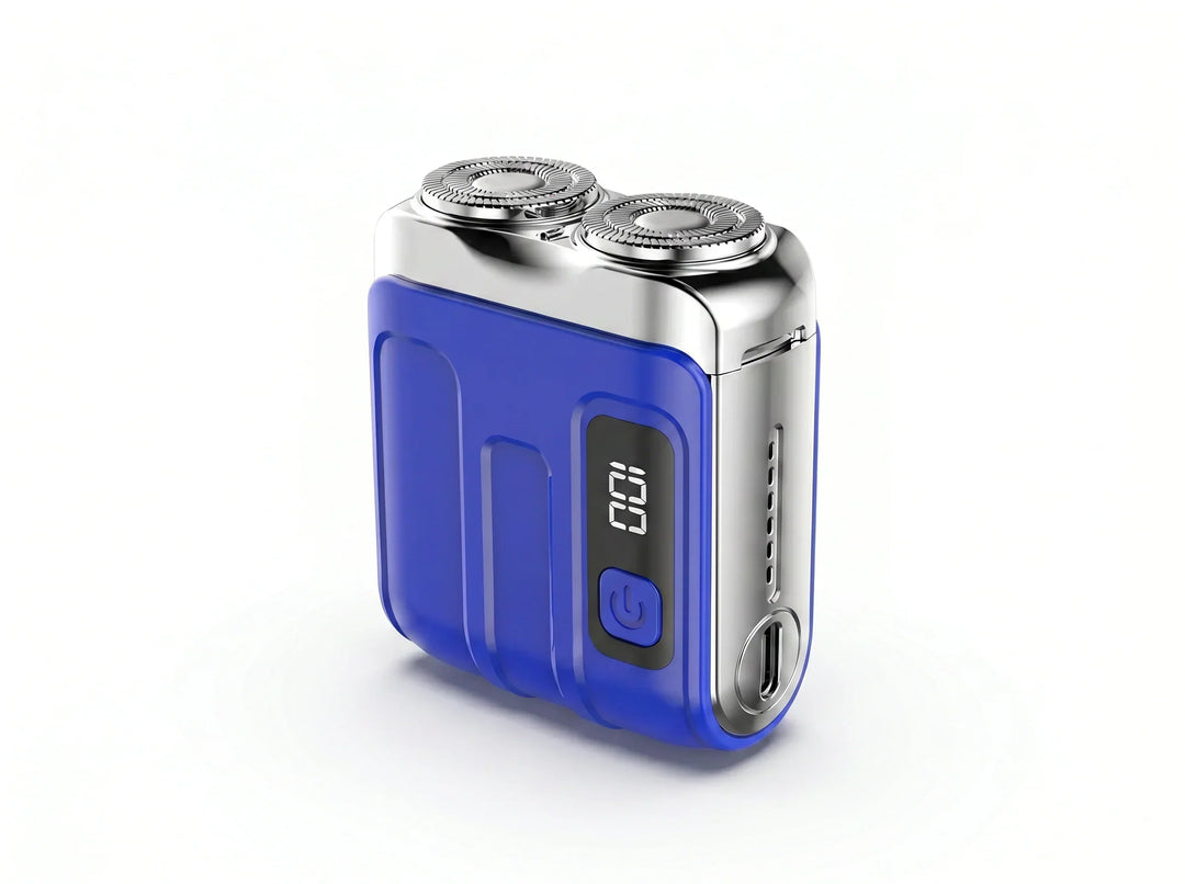 Blue compact twin-head shaver with chrome top, digital display and USB-C port from another view.