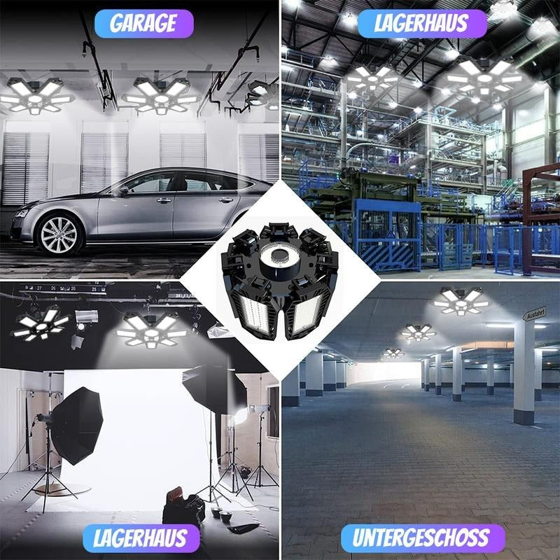 Folded black light shown at center, surrounded by examples in a garage, an industrial hall, a photo studio and a parking level. 6