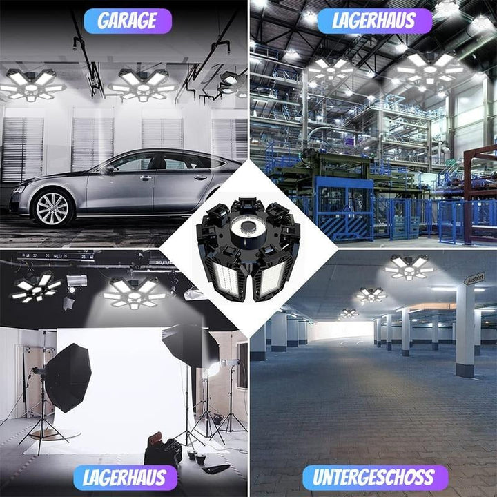 Folded black light shown at center, surrounded by examples in a garage, an industrial hall, a photo studio and a parking level. 6