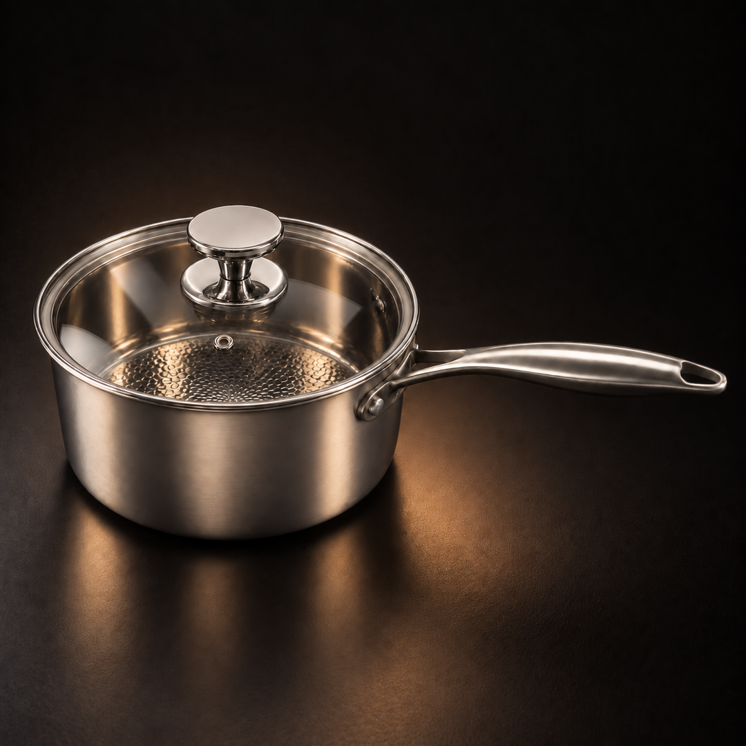 Hand-hammered metal saucepan with glass lid and long handle, front view, with hammered cooking floor visible inside. 1