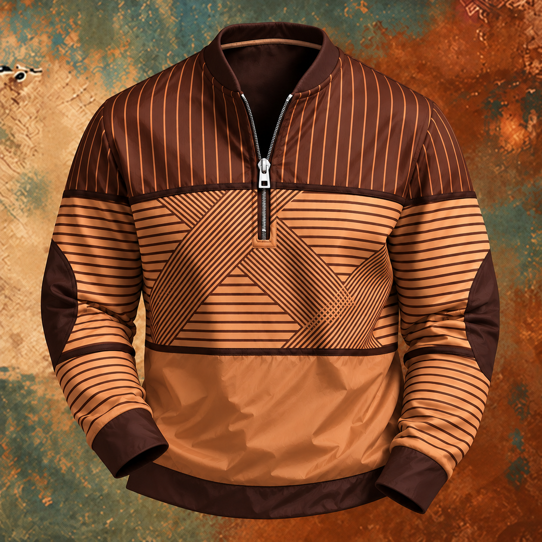 Brown and tan version of the striped half-zip pullover with ribbed collar, cuffs, and hem 5