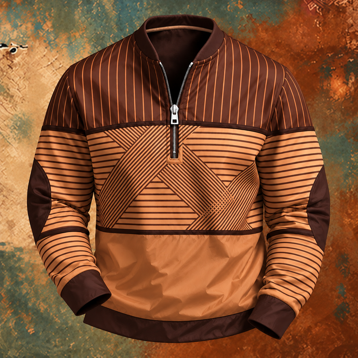 Brown and tan version of the striped half-zip pullover with ribbed collar, cuffs, and hem 5