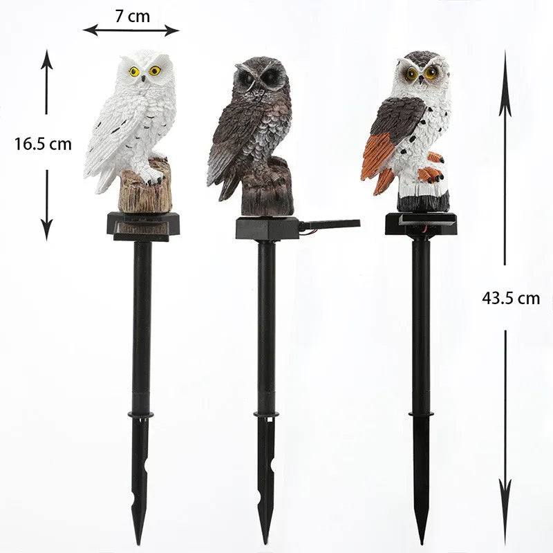 Three owl light styles on stakes with height and width dimensions marked, solar panels visible 12