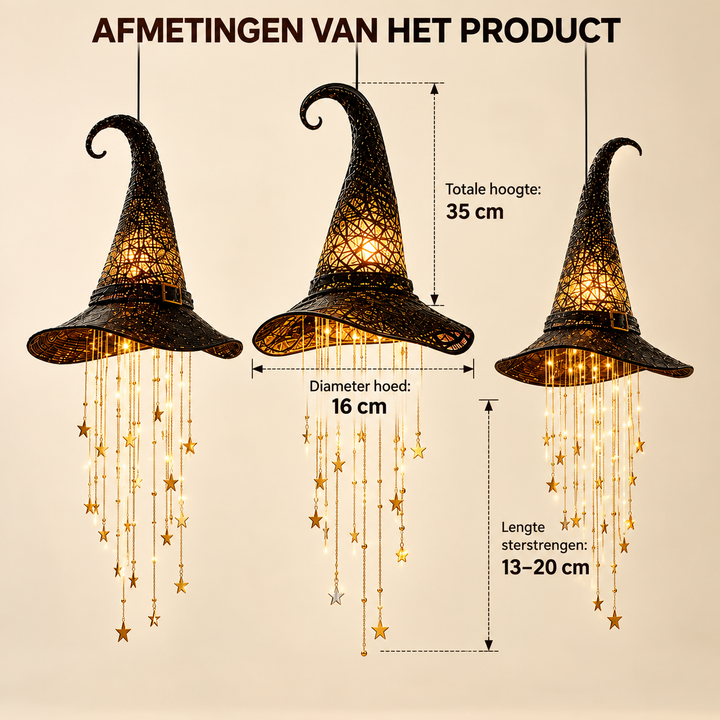 Dimensions diagram showing three hanging witch hats with height, hat diameter and star strand length labeled 10