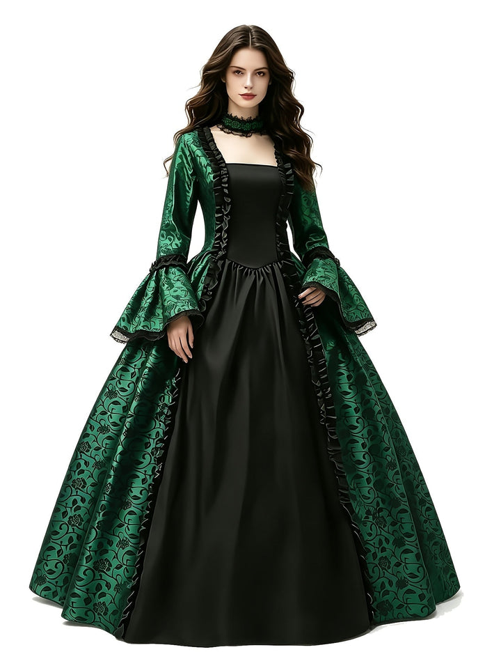 Women's gothic vampire costume dress in black and blue with flared sleeves, front view.