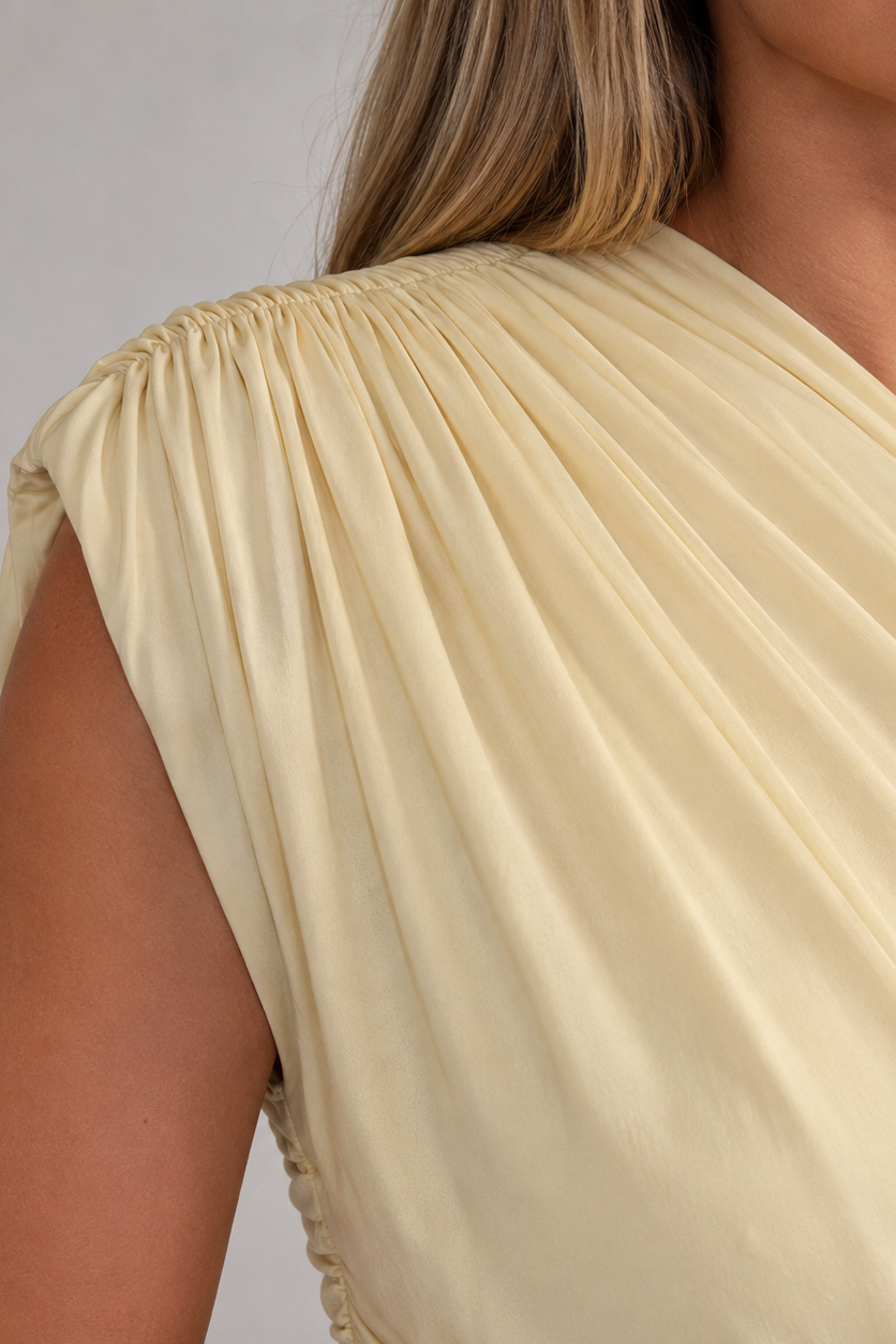 Detail of the gathered, pleated fabric at the shoulder of the yellow dress with a soft drape.