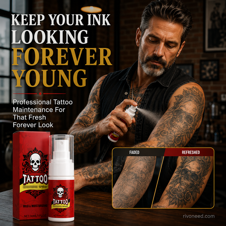 Heavily tattooed man spraying his sleeve with the red bottle in another view.
