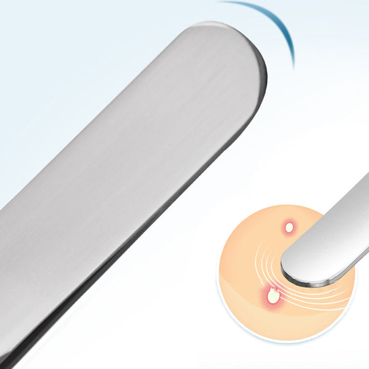 Close-up of the smooth brushed steel case edge, with an inset showing its rounded end gliding over skin. 5