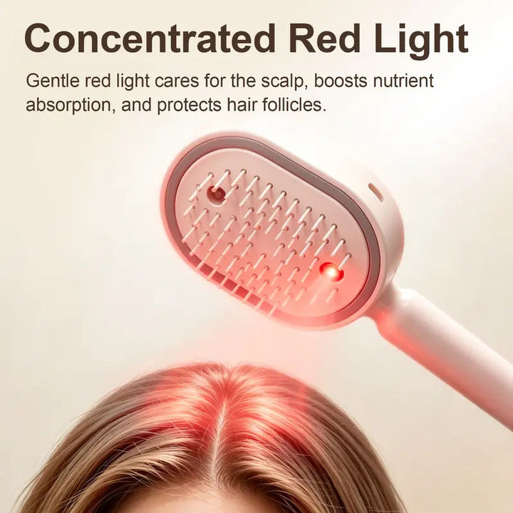 Pinkish comb head glowing with a red light above a woman's parted blonde hair, showing the red-light scalp feature. 5