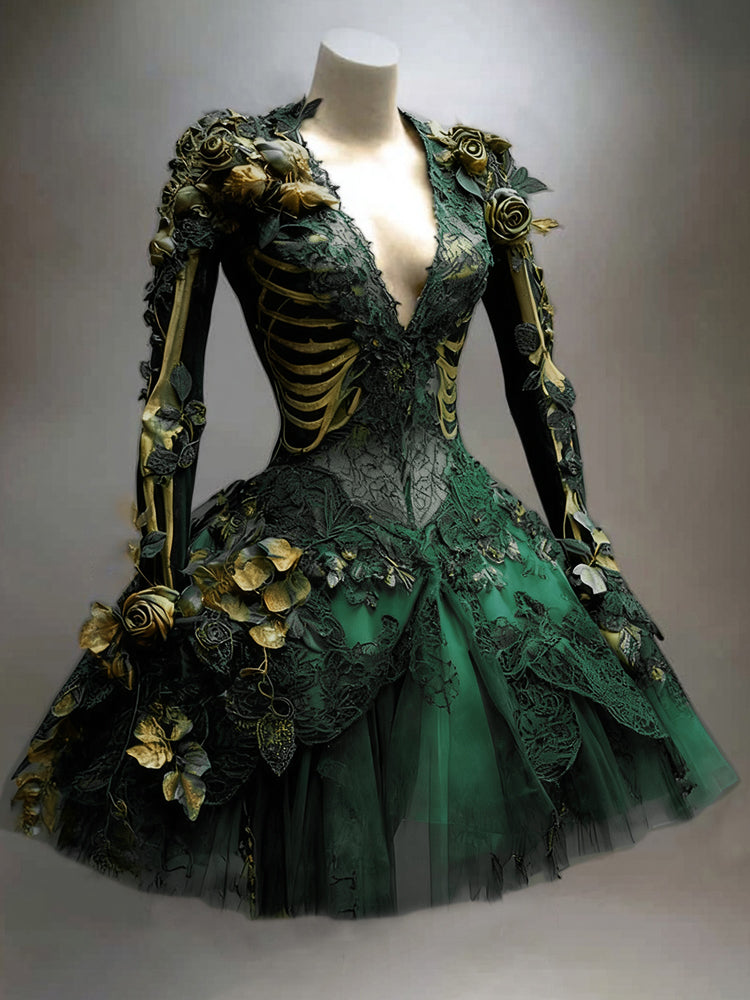 Dark green version of the plunging lace dress with golden skeleton print, gold roses and a layered tulle skirt on a mannequin.