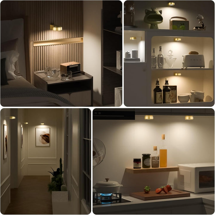 Four room scenes with gold lights: above a bedside table, over kitchen shelves, along a hallway with framed art, and under a kitchen cabinet. 9