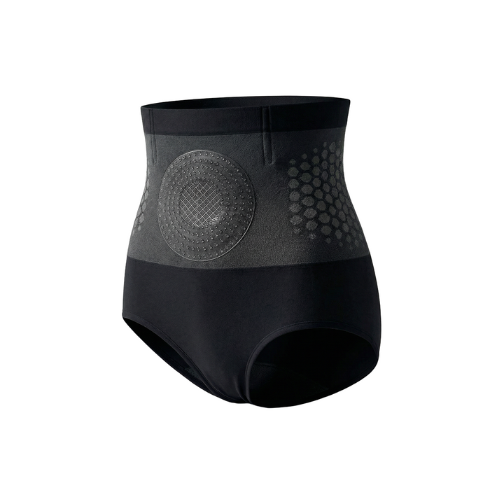Black high-waist shaping briefs showing the dotted circular patch and side waist texture.