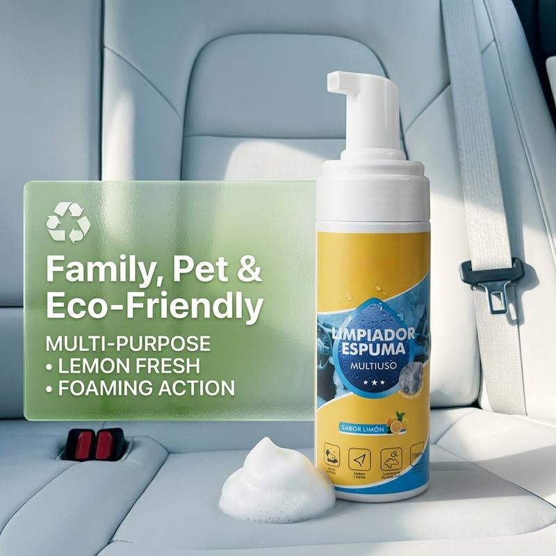Pump bottle standing on a light gray car seat next to a dollop of white foam, with a seat belt buckle visible.