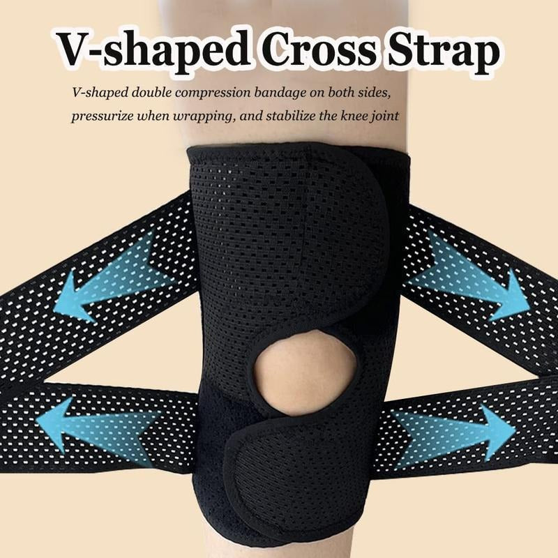 Close view of a black mesh knee wrap with crossed straps pulled outward, blue arrows marking the V-shaped double compression. 3