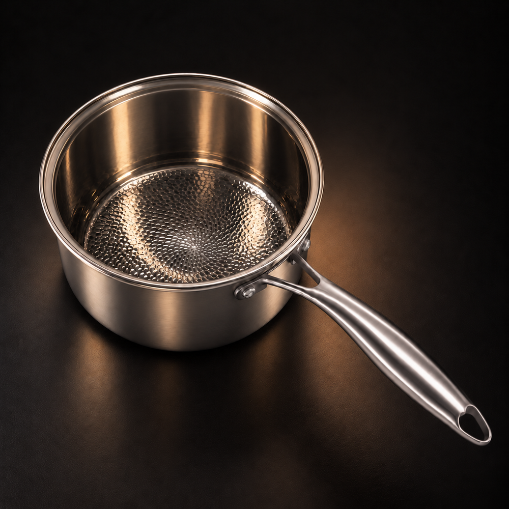 Hand-hammered saucepan, top-down view, showing the hammered-textured cooking floor and long handle with a hanging hole. 2