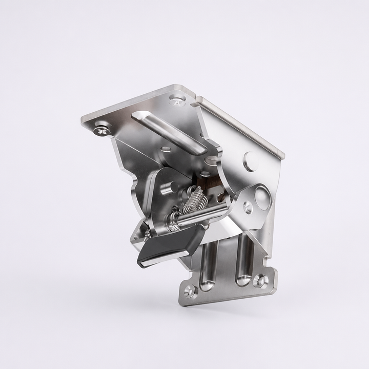 Silver-toned bracket with an exposed internal spring and pin, and a black release lever, on a plain light background.