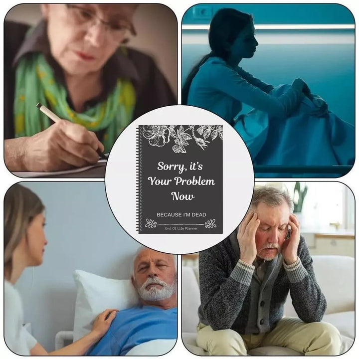 Collage of four emotional scenes around the planner cover: writing, sitting alone, a bedside visit, a worried man 3