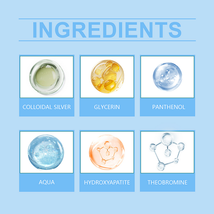 Six ingredient swatches in a grid showing gel and liquid droplets and molecule models, labeled colloidal silver, glycerin, panthenol, water, hydroxyapatite and 6