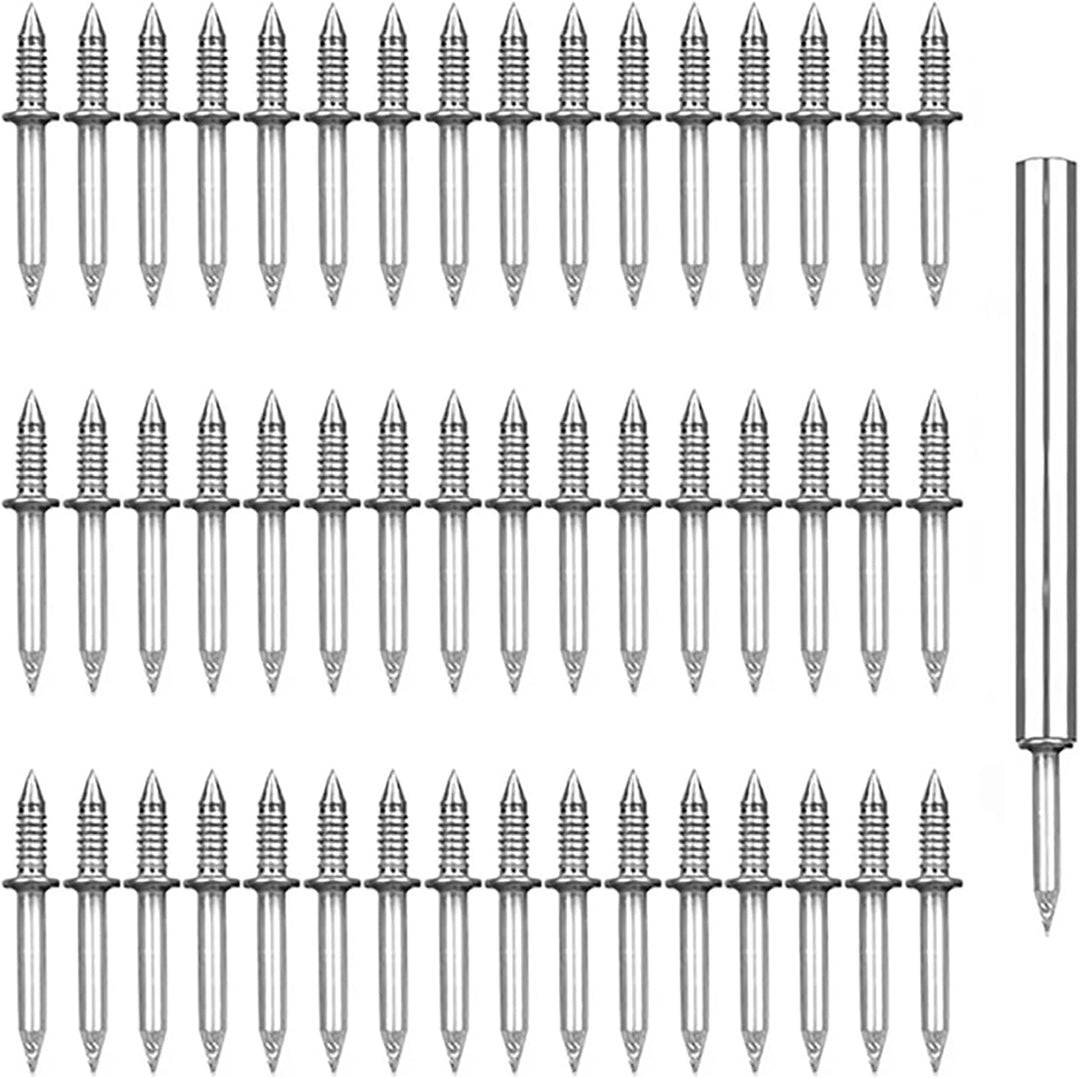 Flat lay of silver double-head nails and one sleeve tool.