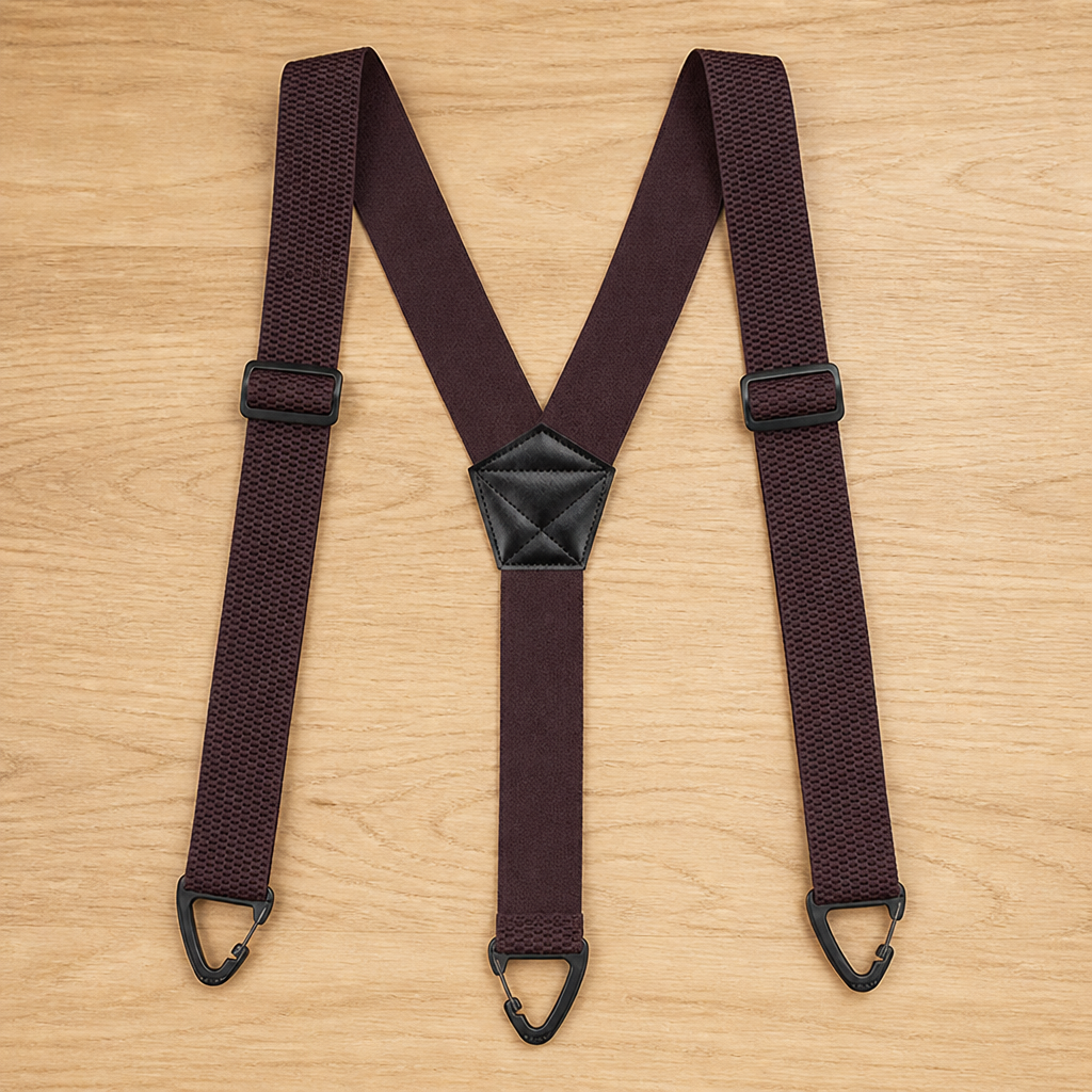 Dark burgundy Y-back suspenders laid flat with three black clip ends and a black center patch.