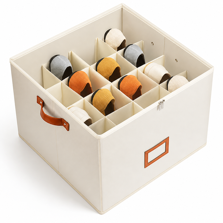Cream fabric organizer with a grid of small compartments holding rolled-up shoes, tan handle and label holder, on a white background. 6