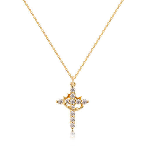 Gold-tone cross pendant with a small crown design and sparkling clear stones, shown front view 2