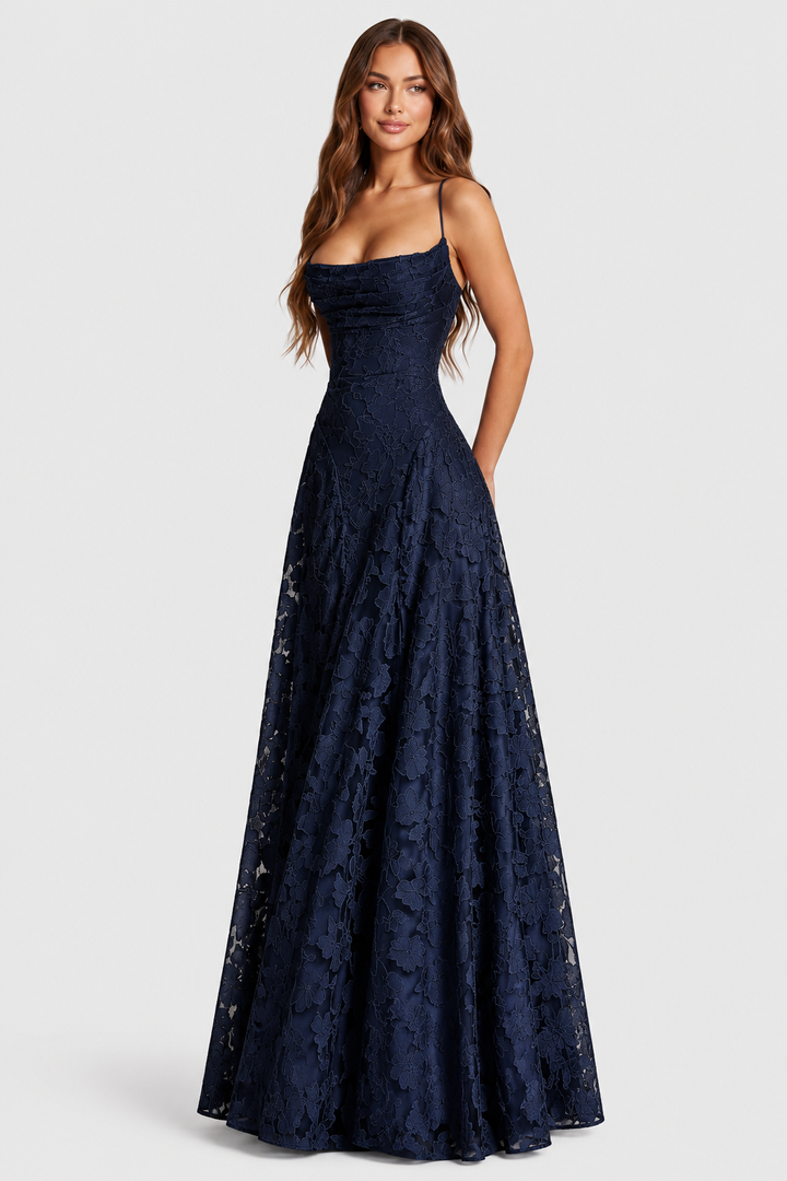 Navy floral lace dress with a draped neckline and full skirt, another view.