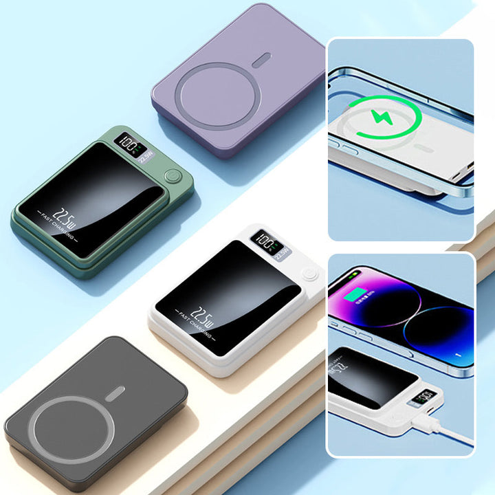 Collage of power banks in purple, green, white and black with two insets showing wireless and cable charging.