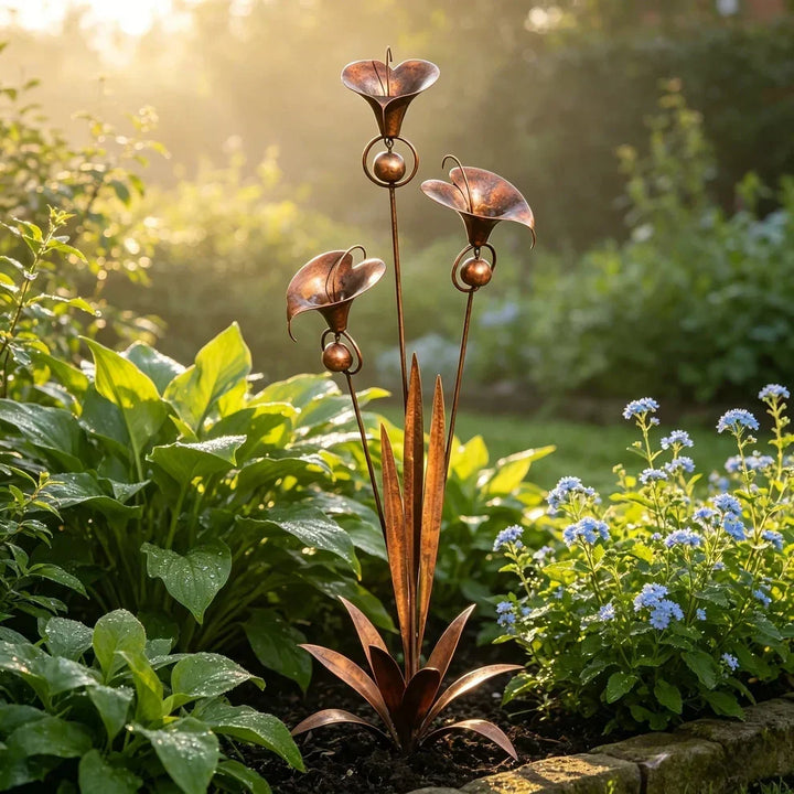 Copper flower stake in soft morning light, dewy hosta leaves on one side and blue wildflowers on the other. 8